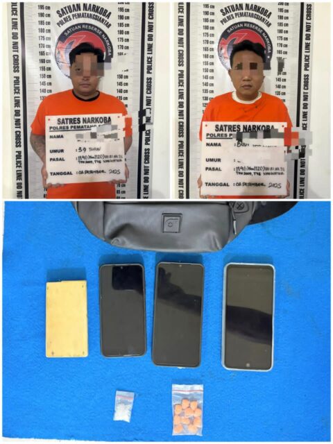 Tim Opsnal Sat Resnarkoba Polres Pematangsiantar berhasil meringkus 2 residivis kasus narkoba yang berinisial OMKA (39) asal Batubara dan B.I (35) warga Bah Kapul. Foto: Dok. Humas Polres Pematangsiantar.